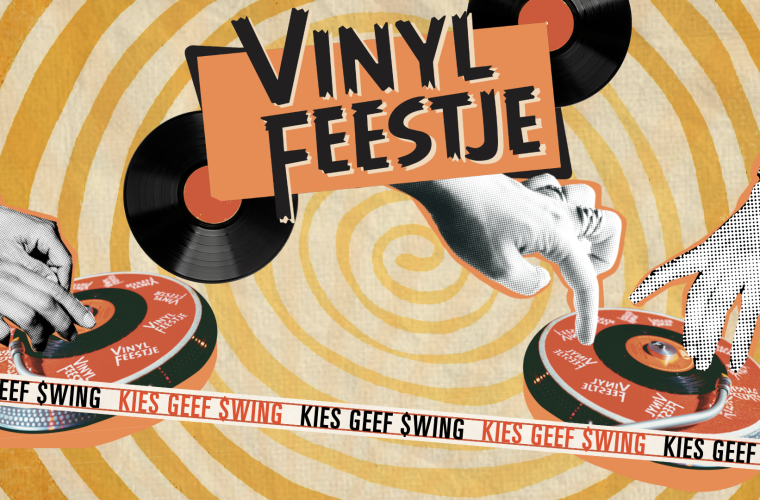 Bezoekers bij het Vinylfeestje in TivoliVredenburg, met vinyl singles en draaitafels in beeld